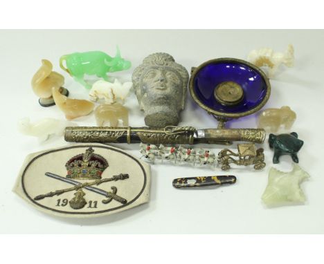 A box containing a 19th Century tortoiseshell mounted pen knife, a blue glass and gilt mounted dish raised on claw and ball f