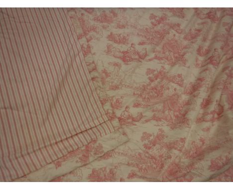Two pairs of cotton Toile de Jouy pink and cream interlined curtains with fixed triple pinch pleat headings, measures approx.