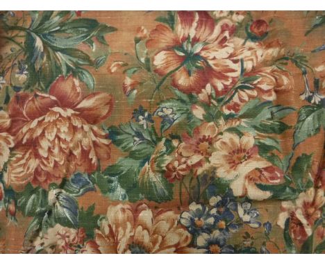 Two pairs of linen type flower and foliate decorated, interlined curtains in autumnal hues with tape pencil pleat headings 28