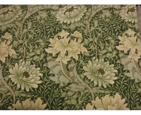 Two pairs of linen Sanderson's William Morris Chrysanthemum pattern curtains in green, lined, with rufflette headings, one pa
