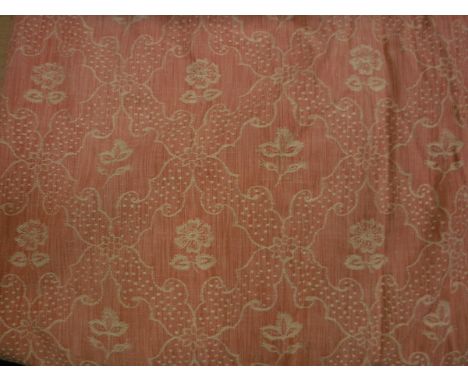 A pair of cotton peach ground with stylised trellis and flower decoration curtains, interlined, with fixed triple pinch pleat