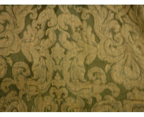 A pair of cotton green and gold foliate decorated curtains, interlined, with fixed triple pinch pleat headings, approx 238 cm