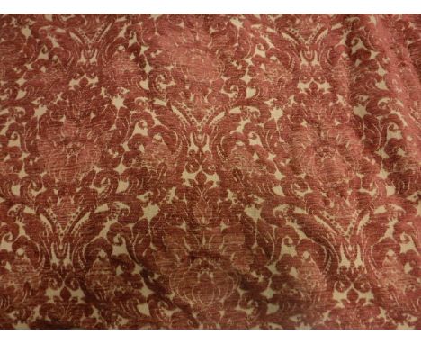 Three pairs of chenille curtains with gold and terracotta Classical decoration, interlined, with pencil pleat headings, appro