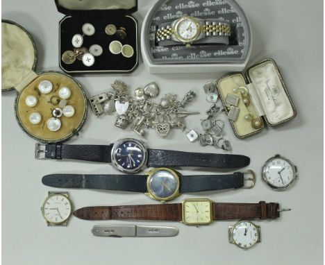 A collection of watches and studs to include a 9 carat gold and enamelled pair, various other cufflinks and studs, a silver c