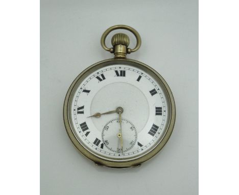 A George V 9 carat gold cased pocket watch, the white enamel dial set with Roman numerals and secondary dial, the inside back
