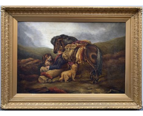 A 19thC gilt framed oil on canvas 'Highland Hunting Scene' frame size 70 x 97cm.