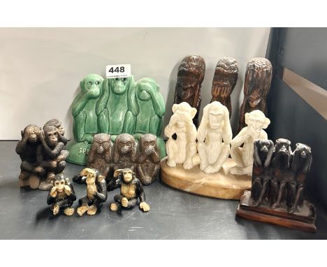 A group of wooden, ceramic and other Three Wise Monkey figures, tallest 17cm.