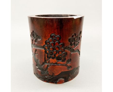 A Chinese carved hardwood brush pot, H. 16cm Dia. 14.5cm.