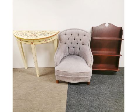 A grey upholstered button backed nursing chair, H. 78cm together with a console table and a mahogany effect wall shelf, table