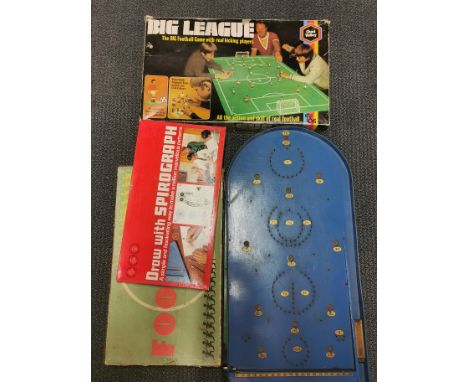 A Chad Valley Big League football game with a vintage metal football game and a boxed bagatelle.