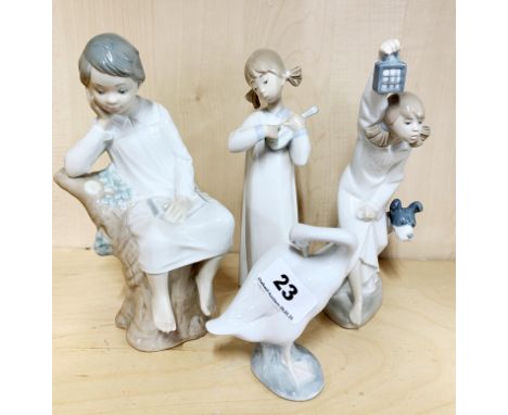 Two Lladro figures of children with a Lladro goose and a Nao figure of a girl with a dog, tallest H. 21cm.