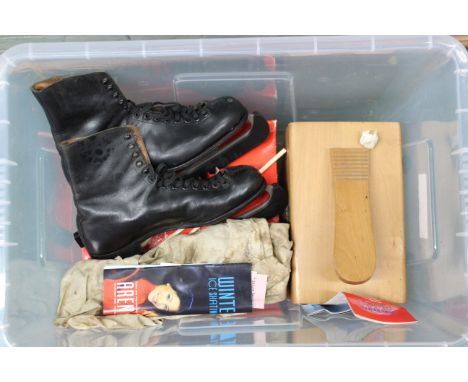 A box containing a vintage boxed boot polishing set, cut crystal set and a pair of leather ice skates with associated spares 