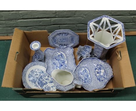 A decorative selection of Adams blue and white ceramics including a large pierced vase, 31cm tall, two large clam shaped dish