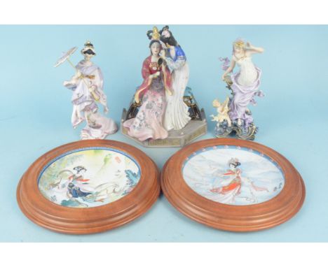 A Franklin Mint 'Sisters of Spring' by Caroline Young figure group, a Bradford Exchange 'Maiden of Serenity', a continental f