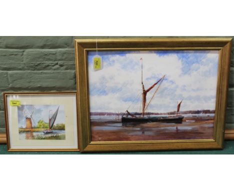 A framed oil on board of a wherry signed K Curtis, 44cm x 32cm plus a small framed watercolour 'Norfolk Broads' signed Tony B