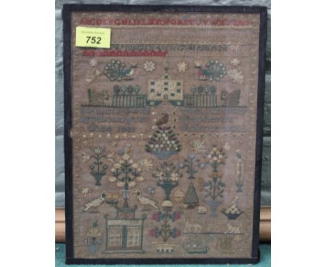 A small framed sampler worked by Marriet Howell aged 13 August 1843, includes part of the Lords Prayer, animals, alphabet, sh