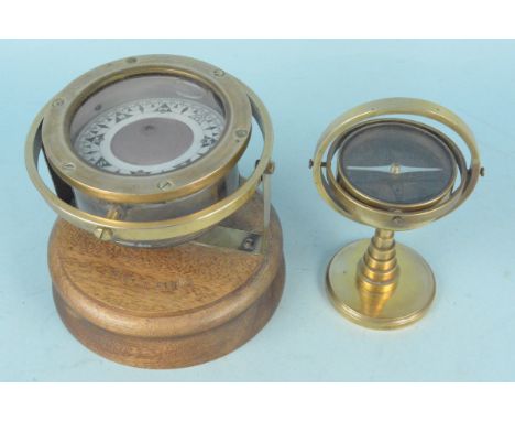 A wooden and brass ships compass marked 'Morning Cloud', 17cm diameter at base plus a small wooden and brass ships compass, b