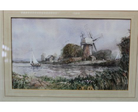 Keith Johnson, framed watercolour of a broadland scene, 32cm x 20cm plus a large blue and white pottery mantel clock in a sty