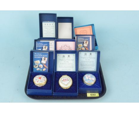 Nine boxed Halcyon Days enamel trinket boxes, all with sentimental quotes