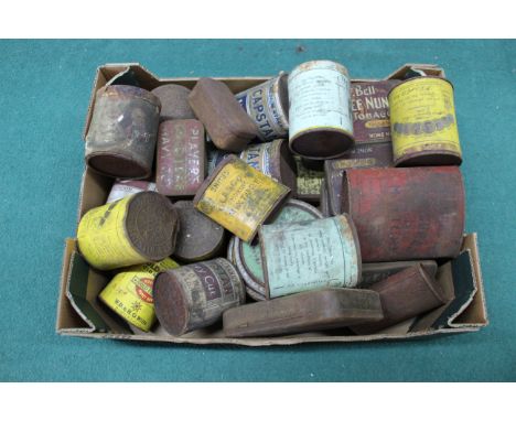 A box of assorted vintage tobacco and cigarette tins