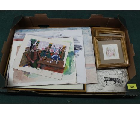 Three framed watercolour miniature portrait heads, pen and ink sketches 'The Bell Inn, Walberswick' and 'Fishing at Dunwich' 
