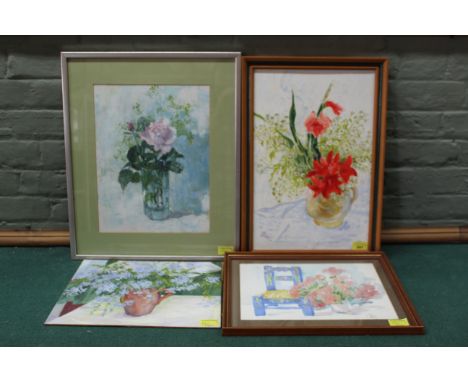 A framed oil on board of a gladioli, a framed oil on board of roses in a vase plus an unframed oil on board of flowers in a j