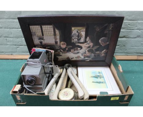 A mixed lot including a Gnome projector, two washing tongs, a 1930's dressing table set, prints, maps etc