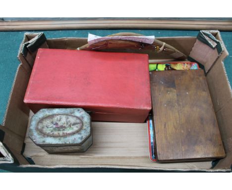 A cased pair of decorative gilt Chinese cups, a cased tap and die set, two boomerangs, watercolours plus a tin of metal detec
