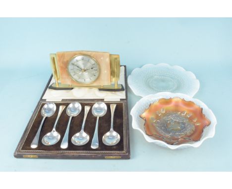 A cased set of soup spoons plus a vaseline glass dish and plate, a metamec clock etc