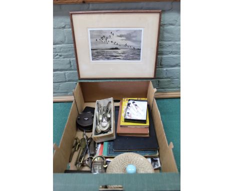A mixed lot including mixed cutlery, ephemera, an Allcock Hermalite reel, a set of six Pierro porcelain knife rests, a Dartin