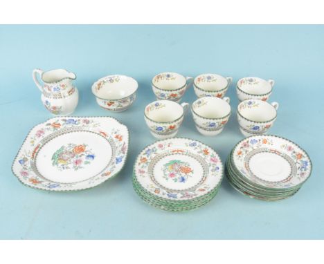 A Copeland Spode Chinese Rose pattern tea service comprising of six cups and saucers, side plates, a sandwich plate, milk and
