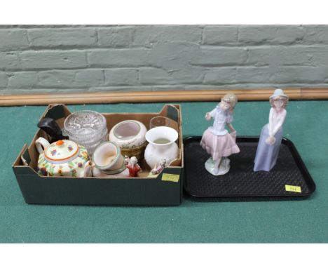 Two Nao figurines, a small selection of china and glass plus an ebony carved figure and a paper knife etc