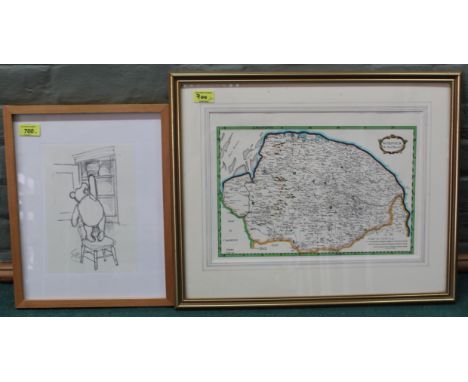 Graham Howard Shepard, framed print of Winnie The Pooh, 16.5cm x 24cm plus a framed map of Norfolk