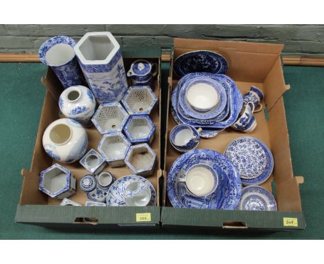 Two boxes of mixed blue and white including Chinese, a German moustache cup, Johnson Bros, Spode Italian bowl, etc