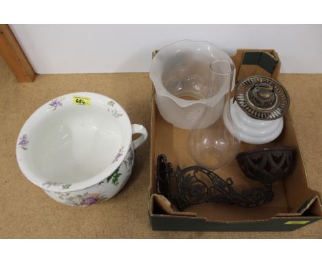 A Victorian cast iron DD &amp; Co Ltd hinged bracket oil lamp with opaque glass reserve, shade and chimney plus a Maddock &am
