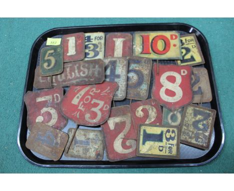 Various vintage painted metal and enamelled pricing signs