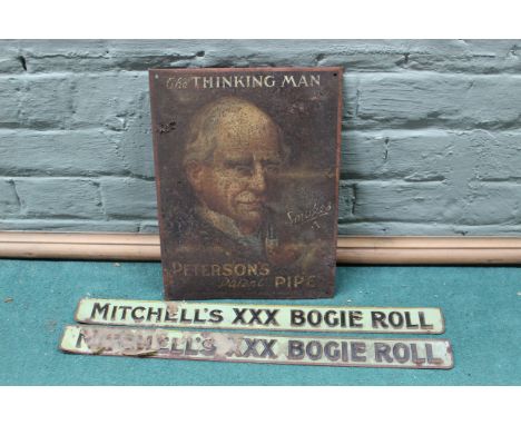 A vintage advertising sign for 'Petersons Patent Pipe' together with two 'Mitchells XXX Bogie Roll' tobacco signs