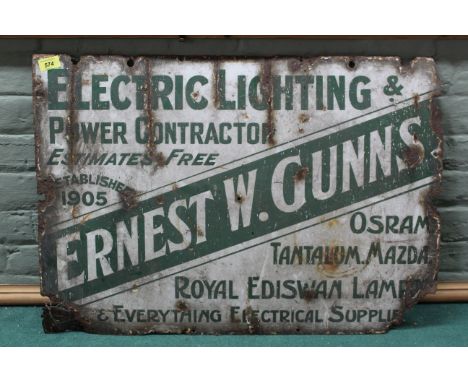 A vintage enamel on metal advertising sign 'Ernest W Gunns Electric Lighting'