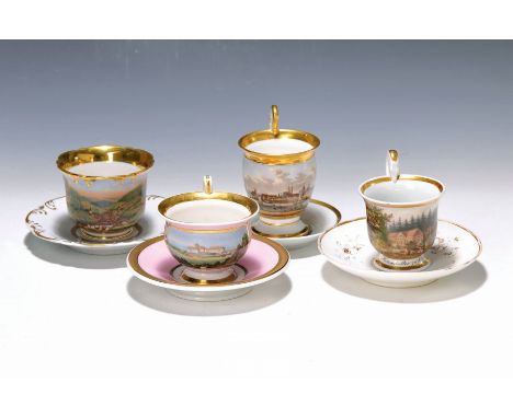 4 Ansichtstassen, deutsch, um 1840-70,  einmal Ansicht von Ilmenau, drei Ansichten ohne Bezeichnung, teilweise sehr feine Min