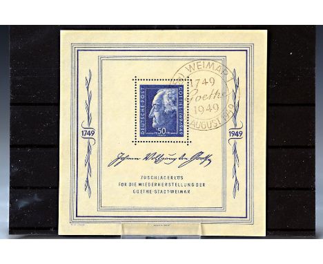 Briefmarken: Block 6, 1949,  Goethe mit Sonderabstemplungen, hervorragende Erhaltung, BP geprüft Weigel, Michelwert 600,- Eur