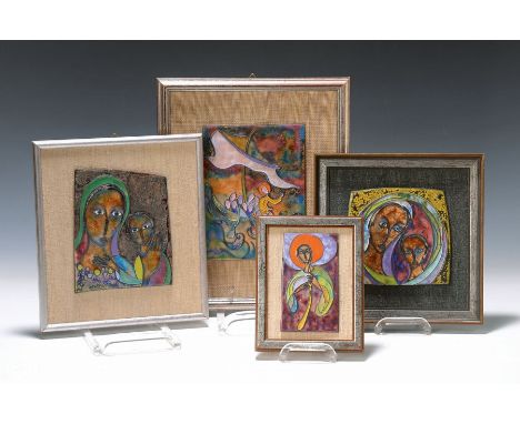 Hermann Mathes, 1935-2014,  Konvolut vier Emailbilder, auf Holzplatte montiert, 1x Mutter Gottes mit Kind, ca. 14x11.5cm/19.5