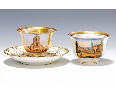 Drei Ansichtstassen, deutsch, 1840-80,  Porzellan, a. Ansicht Ulmer Münster, feine Miniaturmalerei, Personenstaffage, reiche 