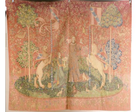 Wandbehang, nach mittelalterlichem Vorbild,  grobes Leinen handgewebt, bunt bemalt, ca. 133x152cmwall hanging, after medieval
