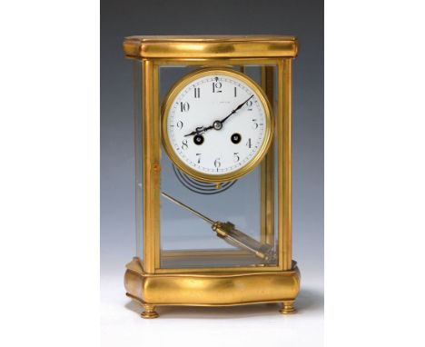 Tischuhr mit Quecksilberpendel, Frankreich, um 1900,  Messinggehäuse, Stil Doucine, allseitig facett. verglast, Emailzifferbl