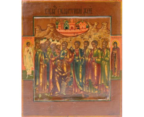 Ikone, Russland, 2. Hälfte 19. Jh.,  Tempera auf Holz, vertieftes Mittelfeld, Marienkrönung, vielfigurige Szene vor stilisier