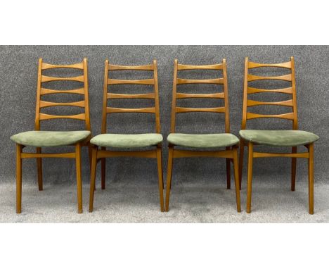 A matched set of mid century Danish beechwood ladder back chairs. Upholstered in green corduroy. H.95cm (largest)