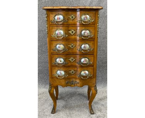 A 19th century serpentine fronted Louis XV style walnut chest of drawers with ormolu mounts, satinwood inlay and hand painted