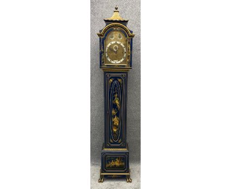 An early to mid 20th century Chinoiserie lacquered hand decorated Georgian style longcase clock with pagoda hood and brass di