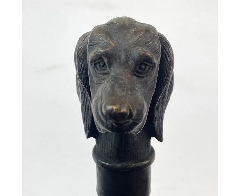 A bronze dog head walking stick, L. 86cm.