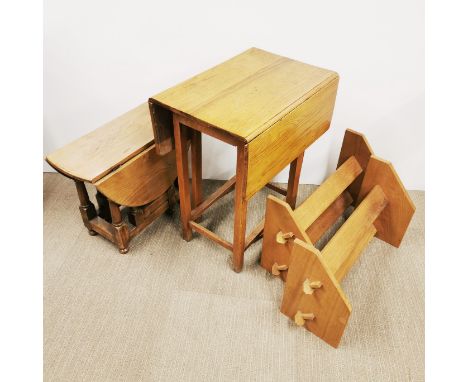An oak drop leaf gate leg table together with a further smaller drop leaf table, largest 84 x 74 x 61cm and a pair of light o